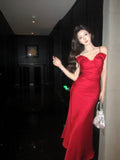Elegant Mermaid Spaghetti Straps Red Satin Ankle Length Prom Dresses 17th Nigh Party Birthday Outfits HZ0311