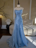Vintage Mermaid Strapless Blue Long Prom Dresses With Pleated Inspiration Party Night Evening Dress 18th Birthday Outfits HZ0311