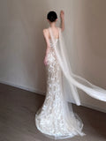 Timeless Wedding Dresses Mermaid Strapless Champagne Sleeveless Lace Brides Dress Style For Brides With Scarf Fitted Bridal Gowns HZ0311