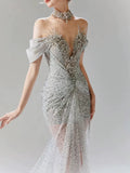 Vintage Silver Gray Mermaid Evening Dress Off The Shoulder Beaded Prom Dress Long Party Dress Birthday Outfits HZ0311