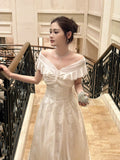 Simple A Line Off The Shoulder White Lace Mid Length Prom Dress Aesthetic Graduation Evening Outfits HZ0311