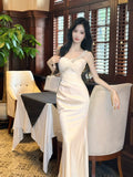 Classy Mermaid One Shoulder White With Beaded Satin Ankle Length Pleated Prom Dress Aesthetic Graduation Birthday Outfits HZ0311