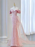 Sparkly Mermaid Evening Dress Off The Shoulder Pink Sequins Prom Dress Long Party Dress 19th Birthday Outfits HZ0311
