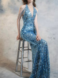Modest Mermaid V Neck Blue Sequins Prom Dresses Inspiration Long Party Night Evening Dress 20th Birthday Outfits HZ0311