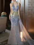 Modest Mermaid Halter Sequins Prom Dresses Inspiration Long Party Evening Dress 19th Birthday Outfits HZ0311