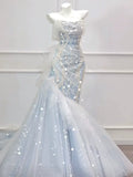 Modest Mermaid Off The Shoulder Tulle Blue With Pearls Prom Dresses Inspiration Long Party Evening Dress 21st Birthday Outfits HZ0311