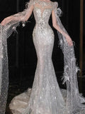 Luxurious Wedding Dresses Mermaid Scoop Neck Long Sleeves Silver Sequins Brides Dress Style For Brides Fitted Bridal Gowns HZ0311