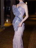 Modest Mermaid Strapless Sleeveless Sequins Prom Dresses Inspiration Long Party Evening Dress 21st Birthday Outfits HZ0311