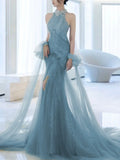 Modest Mermaid High Neck Tulle Blue With Split Prom Dresses Inspiration Long Party Evening Dress 19th Birthday Outfits HZ0311