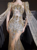 Luxurious Wedding Dresses Mermaid Scoop Neck Long Sleeves Gold With Sleeves Cape Sequins Brides Dress For Fitted Bridal Gowns HZ0311