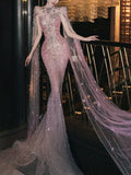 Luxurious Wedding Dresses Mermaid Scoop Neck Long Sleeves Pink With Cape Sequins Brides Dress For Brides Fitted Bridal Gowns HZ0311