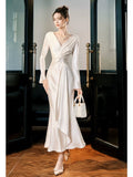 Sexy Mermaid V Neck Long Sleeves Ankle Length Prom Dresses Wedding Guest Dress 22th Birthday Outfits HZ0311