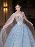 Sparkly Ball Gowns 2026 Strapless Blue With Beaded Cape Prom Dresses Inspiration Long Party Night Evening Gowns 19th Birthday Outfits HZ0311