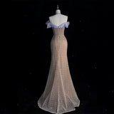 Modest Prom Dresses Aesthetic Mermaid Off The Shoulder Champagne Inspiration With Short Sleeves Long Party Formal Gown HZ0311