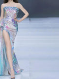 Sparkly Ball Gown Strapless Sequins With Slit Colorful Prom Dresses Inspiration Long Party Night Gowns 20th Birthday Outfits HZ0311
