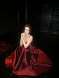 Modest A line Spaghetti Straps Burgundy Satin Prom Dresses Wedding Guest Dress 20th Party Birthday Outfits HZ0311