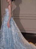 Luxury Ball Gown Strapless Light Blue Sequins With Beads Prom Dresses Inspiration Long Party Night Gowns 20th Birthday Outfits HZ0311