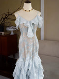 Vintage 1960s Mermaid Spaghetti Straps Light Sky Blue Chiffon Prom Dresses Inspiration Long Party Dress 18th Birthday Outfits HZ0311
