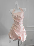 Vintage Ball Gown Halter Pink Short Cocktail Dress 16th Birthday Outfits Homecoming Dresses Night Party Gown HZ0311
