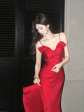 Elegant Mermaid Spaghetti Straps Red Satin Ankle Length Prom Dresses 17th Nigh Party Birthday Outfits HZ0311