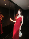 Elegant Mermaid Spaghetti Straps Red Satin Ankle Length Prom Dresses 17th Nigh Party Birthday Outfits HZ0311