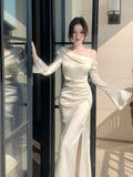 Elegant Mermaid Off The Shoulder White Silky Satin Ankle Length Prom Dresses 16th Nigh Party Birthday Outfits HZ0311