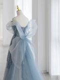 Modest Ball Gown Spaghetti Straps Dusty Blue Tulle Prom Dresses Inspiration Long Party Night Evening Dress 20th Birthday Outfits HZ0311