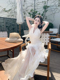 Modest A line Halter White Layered Chiffon Floor Length Prom Dresses 18th Nigh Party Birthday Outfits HZ0311