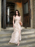 Elegant Mermaid Spaghetti Strap Pink Chiffon Rose Sequin Long Layered Prom Dress Aesthetic Graduation Evening Outfits HZ0311