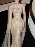 Luxurious Mermaid Evening Dress Strapless Gold Sequins Prom Dress Long Party Dress 19th Birthday Outfits HZ0311