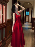 Simple A Line Square Neck Red Chiffon Mid Length Prom Dress Aesthetic Graduation Evening Outfits HZ0311