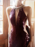 Modest Mermaid High Neck Sequins Burgundy Prom Dresses Inspiration Long Party Evening Dress 21st Birthday Outfits HZ0311