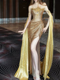 Modest Mermaid Strapless Gold Long Sleeves Slit Sequins Prom Dresses Inspiration Long Party Evening Dress 21st Birthday Outfits HZ0311