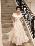 Simple A Line Off The Shoulder White Lace Mid Length Prom Dress Aesthetic Graduation Evening Outfits HZ0311
