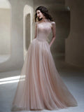 Classy A line Strapless Light Pink Tulle Long Formal Prom Dresses Dance Night Outfits Party Gowns HZ0311