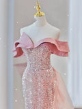Sparkly Mermaid Evening Dress Off The Shoulder Pink Sequins Prom Dress Long Party Dress 19th Birthday Outfits HZ0311
