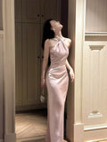 Chic Sheath Halter Pink Satin Ankle Length Prom Dresses Aesthetic Graduation 18th Birthday Outfits HZ0311