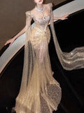 Luxurious Mermaid Evening Dress Strapless Gold Sequins Prom Dress Long Party Dress 19th Birthday Outfits HZ0311