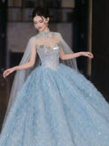 Sparkly Ball Gowns 2026 Strapless Blue With Beaded Cape Prom Dresses Inspiration Long Party Night Evening Gowns 19th Birthday Outfits HZ0311