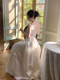 Modest A line Spaghetti Straps Ivory Satin Prom Dresses Wedding Guest Dress 20th Party Birthday Outfits HZ0311
