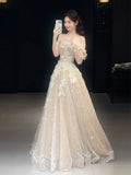 Cute A line Off The Shoulder With Cap Sleeves Sequins Champagne Long Formal Prom Dresses Dance Night Outfits Party Gowns HZ0311