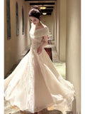 Simple A Line Off The Shoulder White Lace Mid Length Prom Dress Aesthetic Graduation Evening Outfits HZ0311