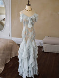 Vintage 1960s Mermaid Spaghetti Straps Light Sky Blue Chiffon Prom Dresses Inspiration Long Party Dress 18th Birthday Outfits HZ0311
