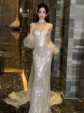 Sexy Mermaid Sweetheart Sequins Champagne Long Formal Prom Dresses Dance Night Outfits Party Gowns HZ0311