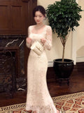 Sexy Mermaid Square Neck Lace White Long Sleeves Ankle Length Prom Dresses Wedding Guest Dress 22th Birthday Outfits HZ0311