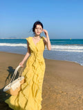 Elegant A line V Neckline Chiffon Yellow Layered Prom Dresses Long 16th Nigh Party Birthday Outfits HZ0311