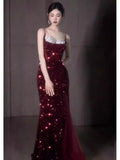 Glamour Mermaid Spaghetti Straps Burgundy Sequin Long Prom Dresses Party Dress 20th Birthday Outfits Prom Gowns HZ0311