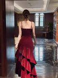Modest Mermaid Spaghetti Straps Burgundy Velvet Long Prom Dresses Wedding Guest Dress 20th Birthday Outfits HZ0311