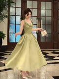 Elegant A line Square Neck Green Satin Ankle Length Prom Dresses 17th Nigh Party Birthday Outfits HZ0311