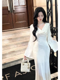 Sexy Mermaid Cowl Neck White Satin Ankle Length Prom Dresses Wedding Guest Dress 20th Birthday Outfits HZ0311